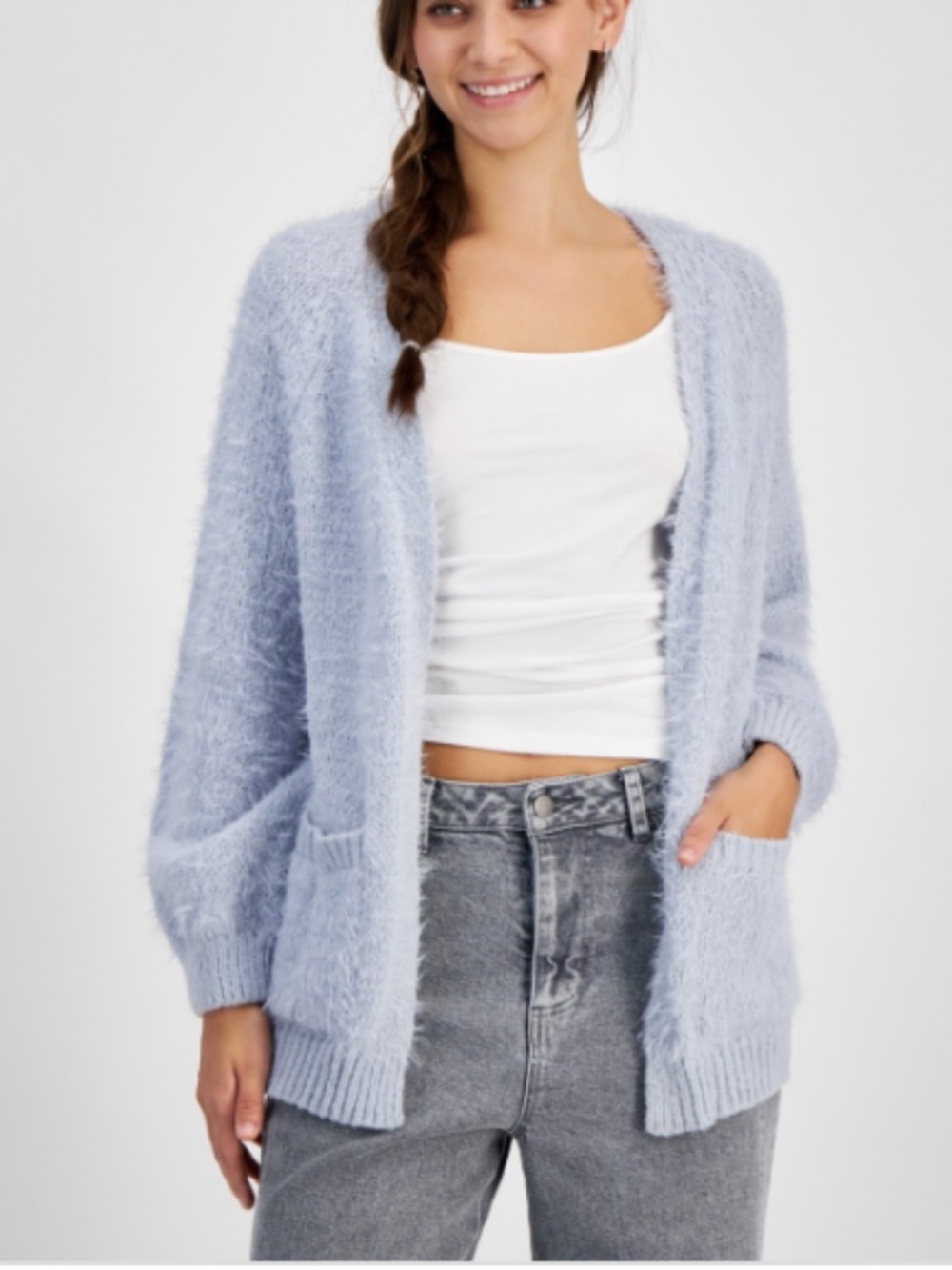 Freshman Juniors' Fuzzy Eyelash Open-Front Cardigan Sweater - Blue SIZE M NWT